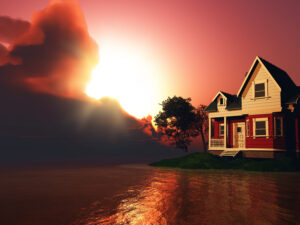 3D render of a house by a lake against a dramatic sunset sky